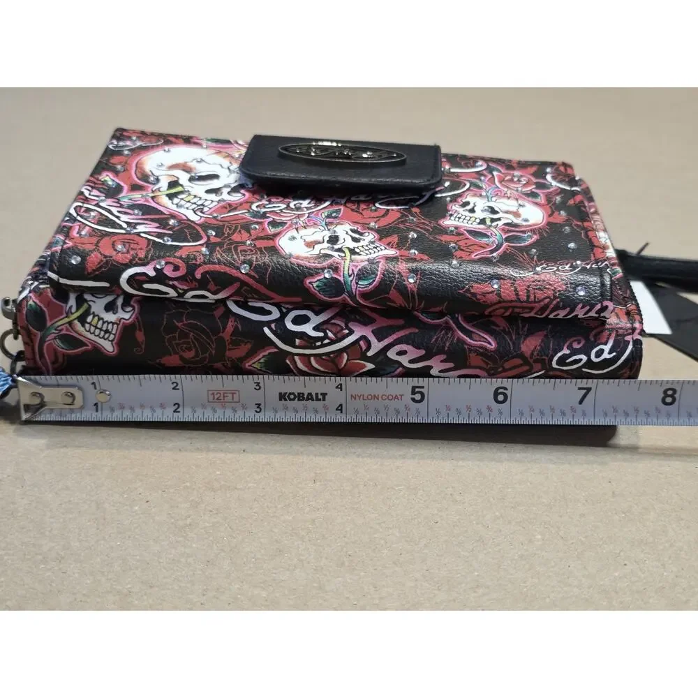 Ed Hardy Wallet Wristlet Rhinestone Double Zip Around, Logo, 8”x5”x2”